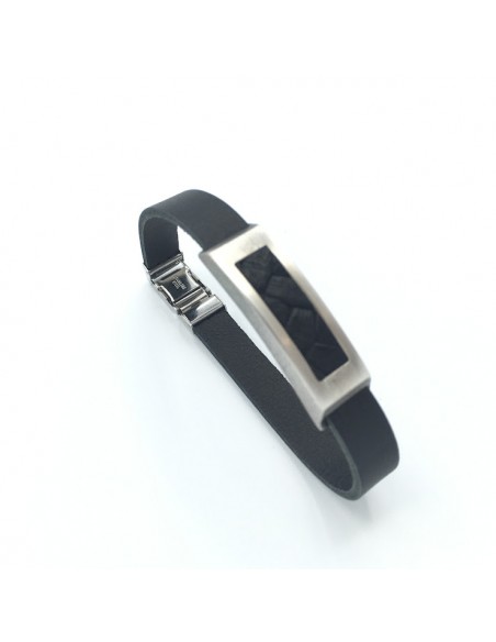 PULSERA CUERO PIEZA ACERO RECTANGULO