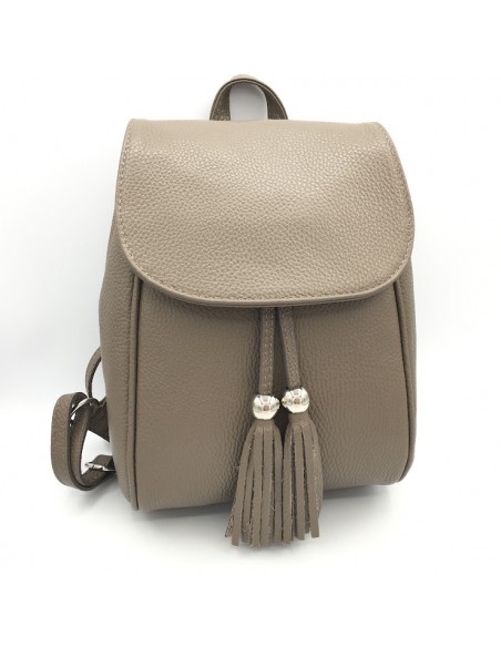 MOCHILA DE PIEL TAUPE POMPONES