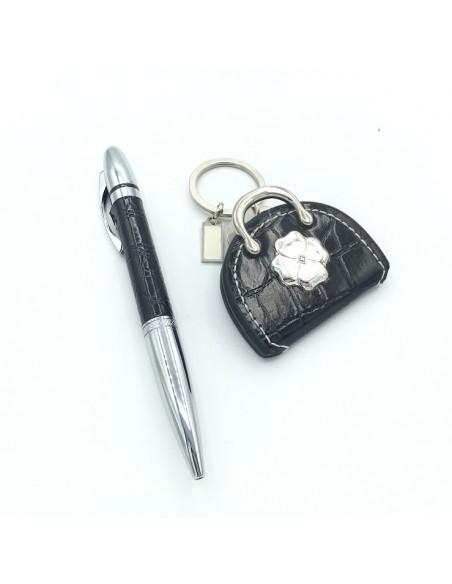 SET BOLIGRAFO Y LLAVERO CON APLIQUE EN PLATA DE LEY NEGRO