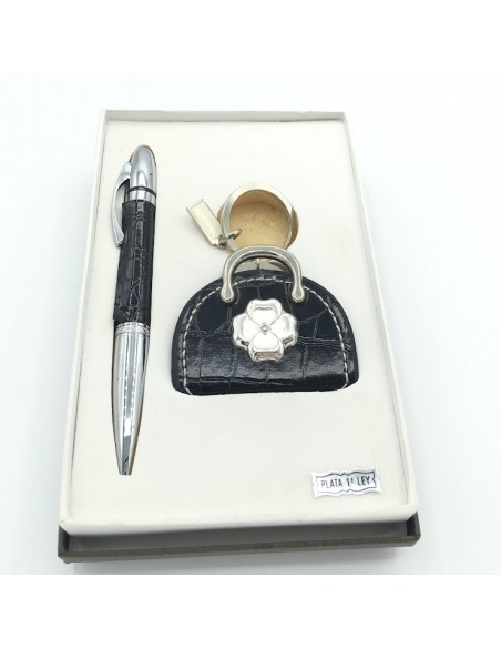 SET BOLIGRAFO Y LLAVERO CON APLIQUE EN PLATA DE LEY NEGRO