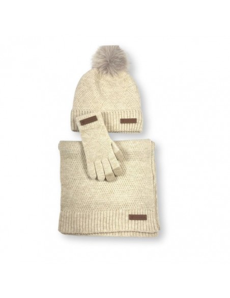 CONJUNTO BUFANDA/GORRO/GUANTES POMPOM CARAMELO
