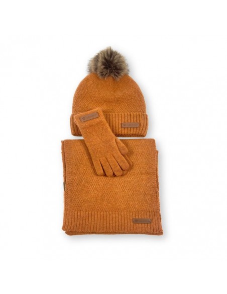 CONJUNTO BUFANDA/GORRO/GUANTES POMPOM CARAMELO