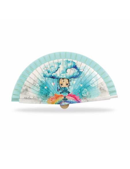 ABANICO MALAMALAKA DE MADERA NATURAL "AGUA" 23 CM