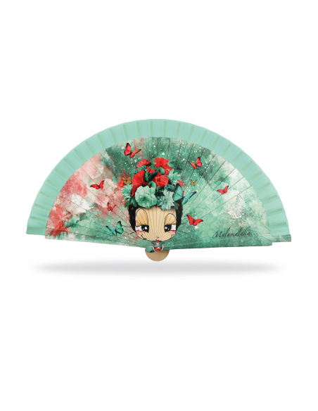 ABANICO MALAMALAKA DE MADERA NATURAL "FLORES" 23 CM