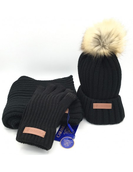 CONJUNTO GORRO GUANTES Y CUELLO CARAMELO CANALÉ NEGRO